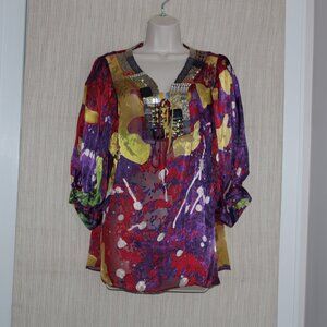 MAGASCHONI Collection BLOUSE TUNIC EMBELLISHED JEWELED V NECK 3/4 SLEEVE Size:L